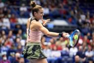 Maria Sakkari strikes a forehand at the J&T Banka Ostrava Open 2021